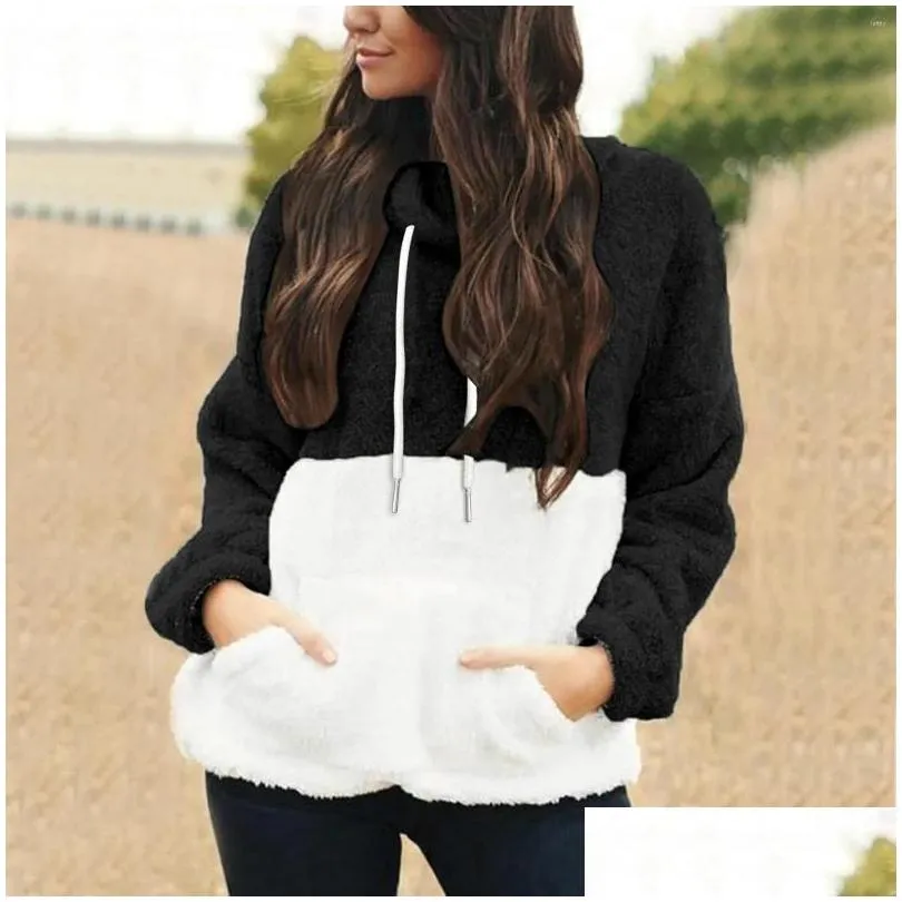 Women`s Hoodies Autumn Winter Casual Women Long Sleeve Hooded Sweatshirt Contrast Color Warm Pocket Fuzzy Cute High Quality Cozy