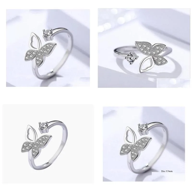 With Side Stones New Cubic Zircon Crystal Butterfly Rings For Women Platinum Plated Wedding Jewelry Open Adjustable Finger Ring Drop Dh5No