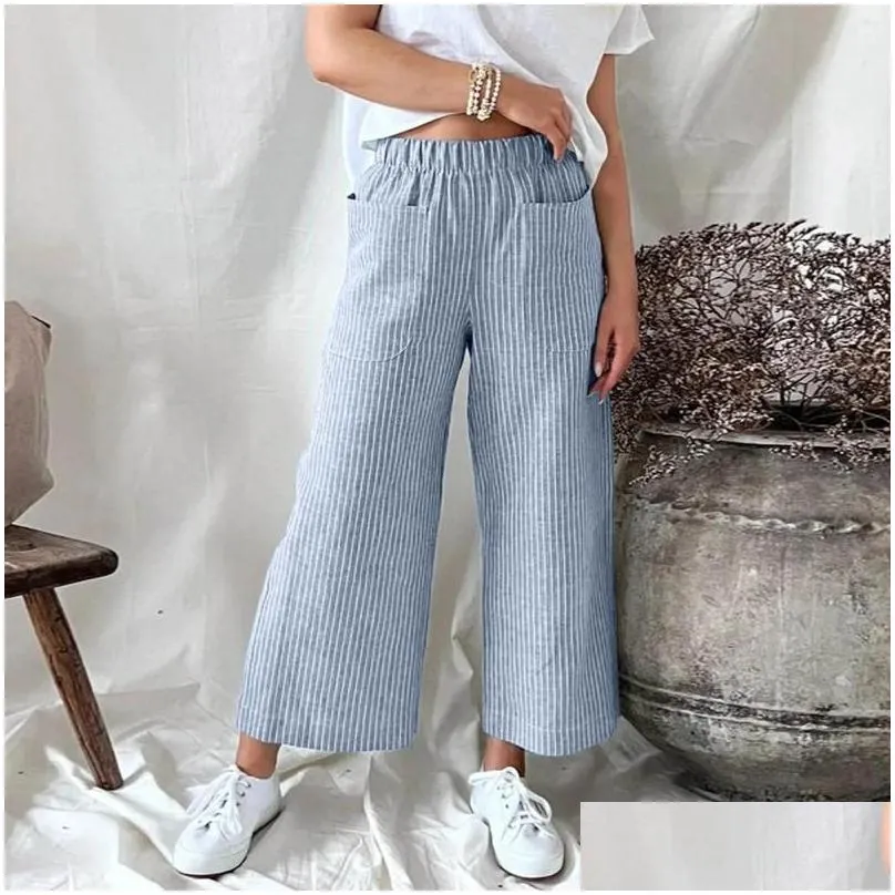 Women`s Pants Summer Pocket Solid Color Elastic Waist Wide Leg Women Cotton Linen Loose Office Lady Pleated Fashion Casual Trousers