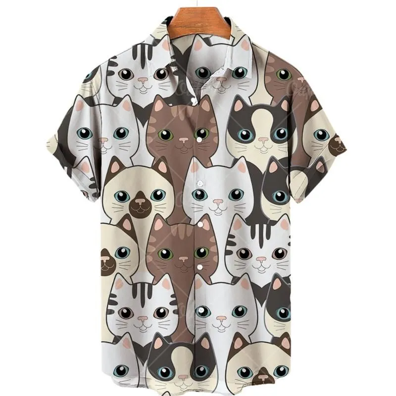 Men`s T-Shirts Cat Print T-shirt Summer 2022 Cotton Soft 3d Clothes Men/Women V-neck Fashion Buttons Personality Tops Hawaiian Lapel
