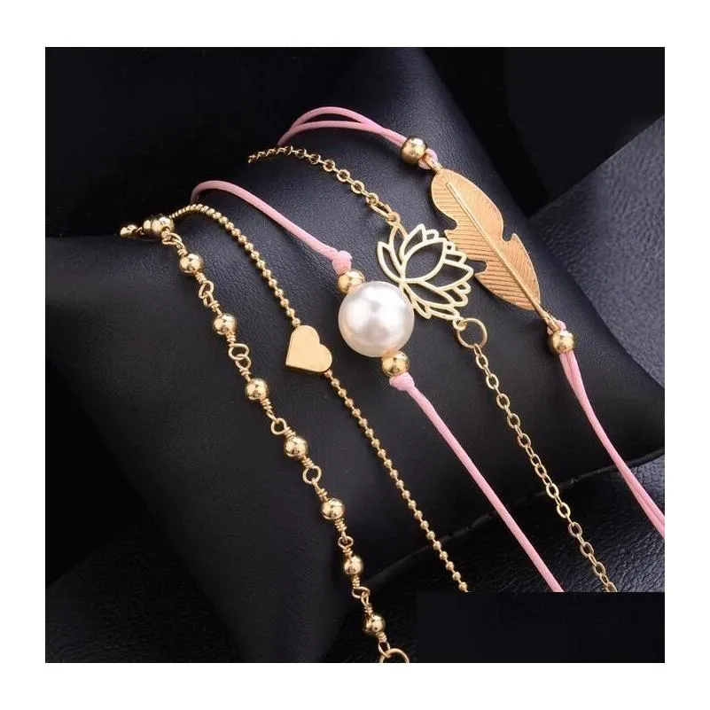 Charm Bracelets Bohemian 5Pcs/Set Leaves Heart Love Lotus Pearl Bracelet Chain Woven Mtilayer Set Women Fashion Gold Jewelry Wholesal Dhjcg