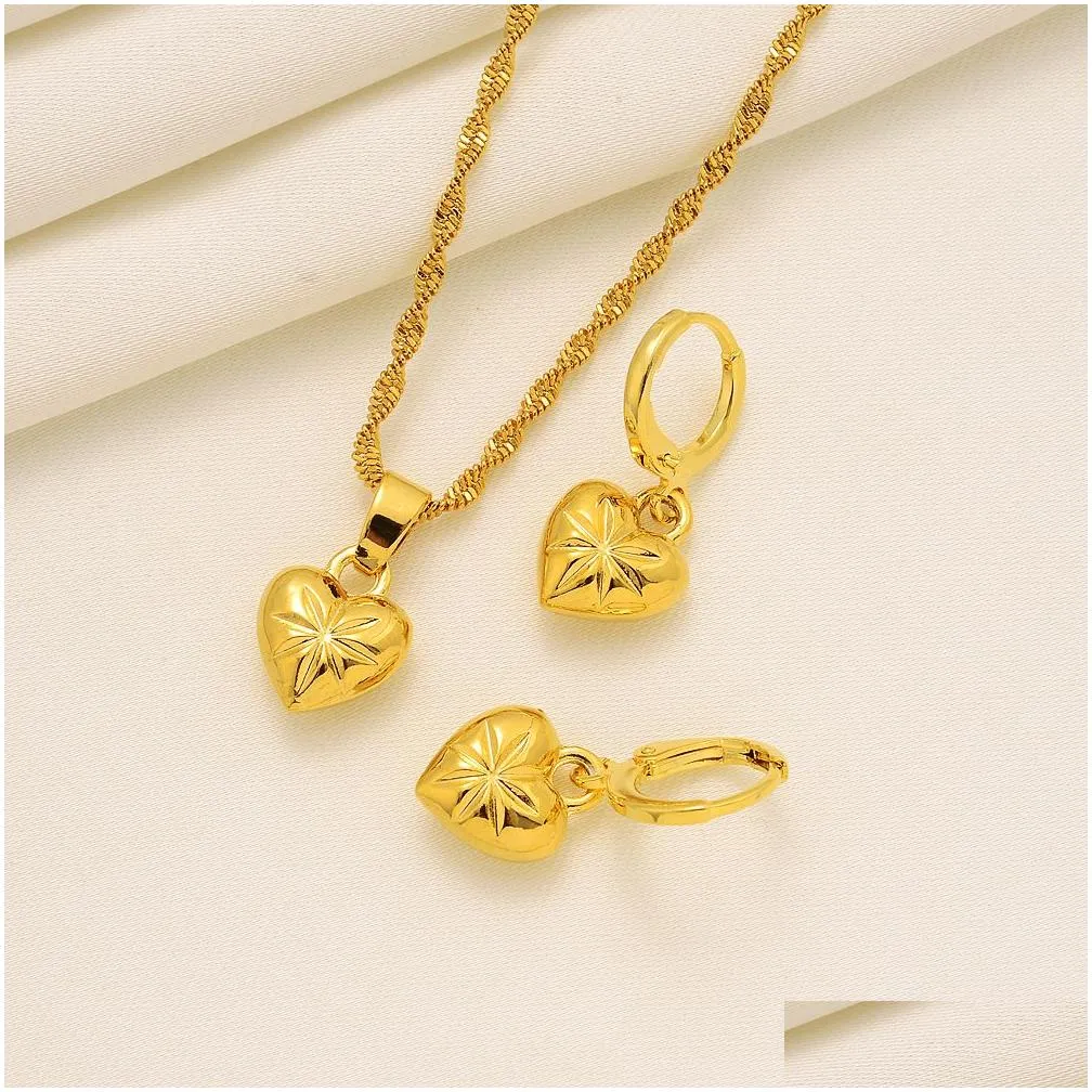 14k Yellow Solid Fine Gold dubai india heart African Set Necklace pendant Earrings Ethiopia wedding bridl jewelry sets
