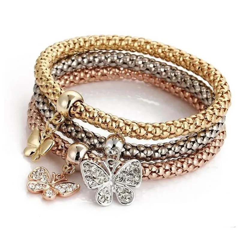 Charm Bracelets 3Pcs/Set Elastic Crystal Bracelet Diamond Heart Crown Tree Of Life Skl Butterfly Bangle Cuff Sets Jewelry Epacket Dro Dhloj