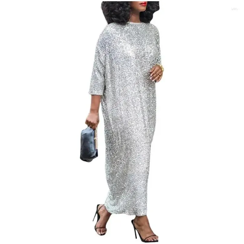 Casual Dresses Crew Neck Loose Fit Dress Elegant Sequin Maxi For Women Oversized O Three Quarter Sleeve Ankle Length Soft Pullover