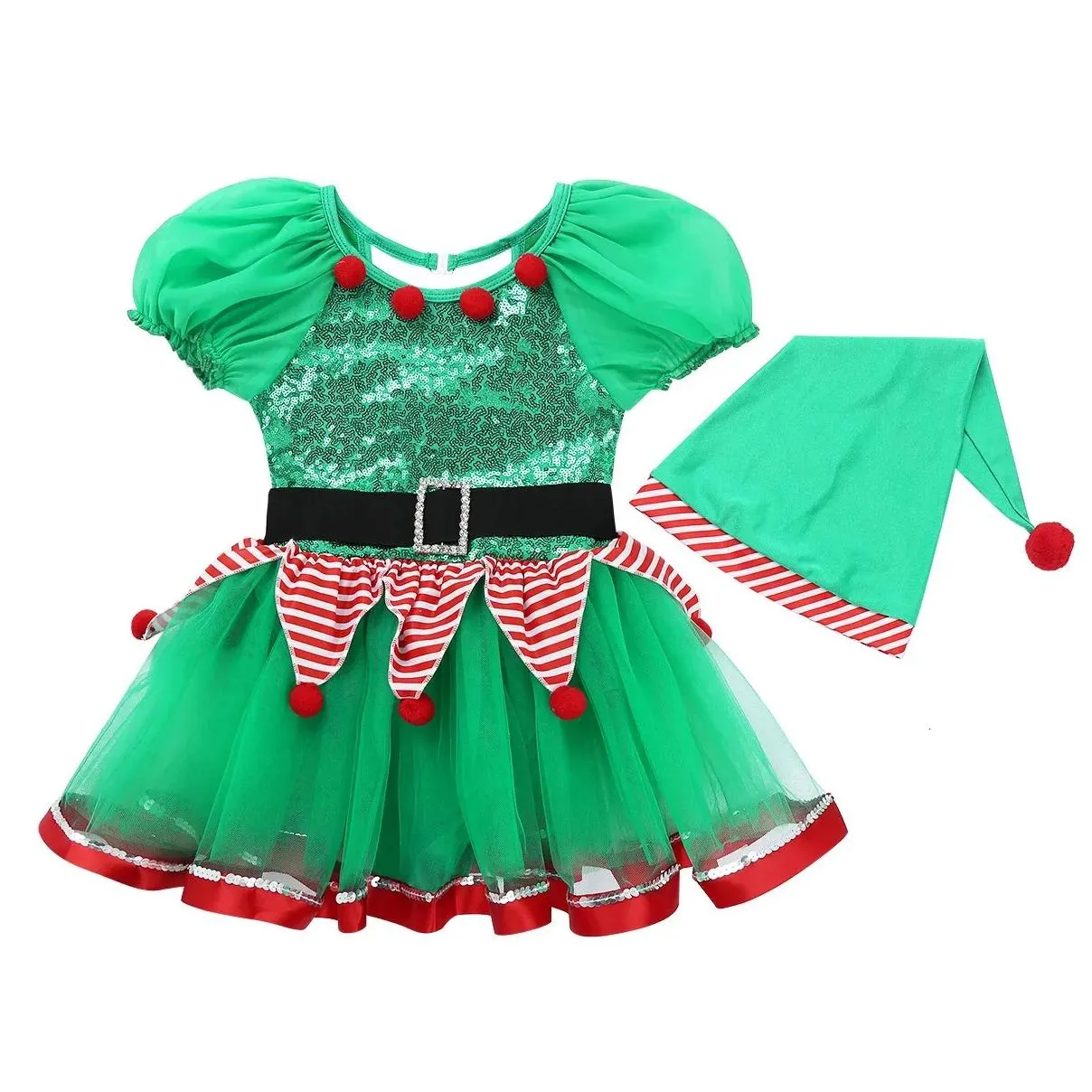 Girl`s Dresses Child Girls Christmas Elf Cosplay Costume Ballet Tutu Shiny Sequin Mesh Leotard Dress Xmas Year Festival Performance Clothes