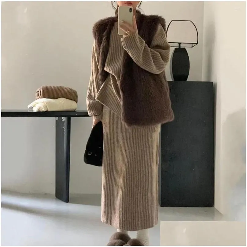 Work Dresses 2 Pcs Women Sweater Skirt Suit Knitted Thick Warm Solid Color Loose Elastic Long Sleeve Round Neck Cozy Winter Set