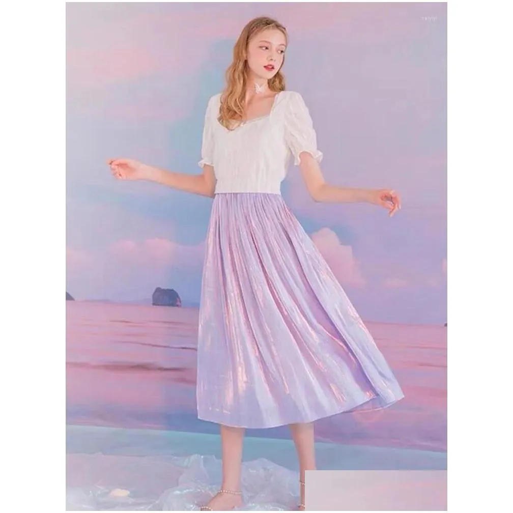 Skirts Faldas Elegant Solid Midi Pleated Skirt Women Korean High Waist Spring Summer Ladies Satin Maxi Female Saia 2024