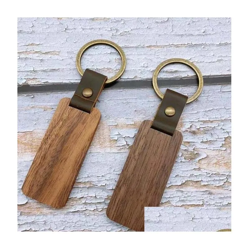 Keychains & Lanyards Personalized Leather Keychain Pendant Beech Wood Carving Lage Decoration Key Ring Diy Fathers Day Gift Drop Deli Dh2Qh
