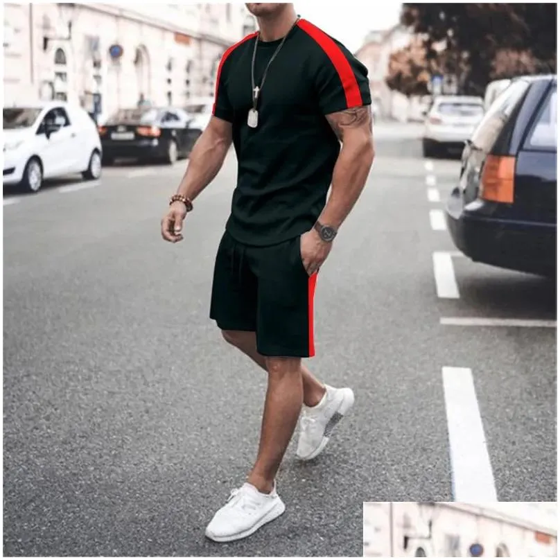 Men`S Tracksuits Summer Men S Short Sleeve T Shirts Oversized Shorts 2 Piece Sets Print Top Solid Color Tracksuit Casual Clothes Tshi Dhdm0
