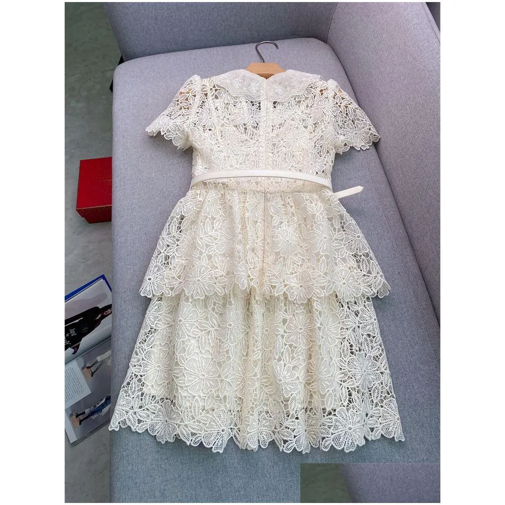 Spring Summer Ivory Floral Lace Beaded Belted Dress Short Sleeve Peter Pan Neck Rhinestone Buttons Short Casual Dresses J4A12B132