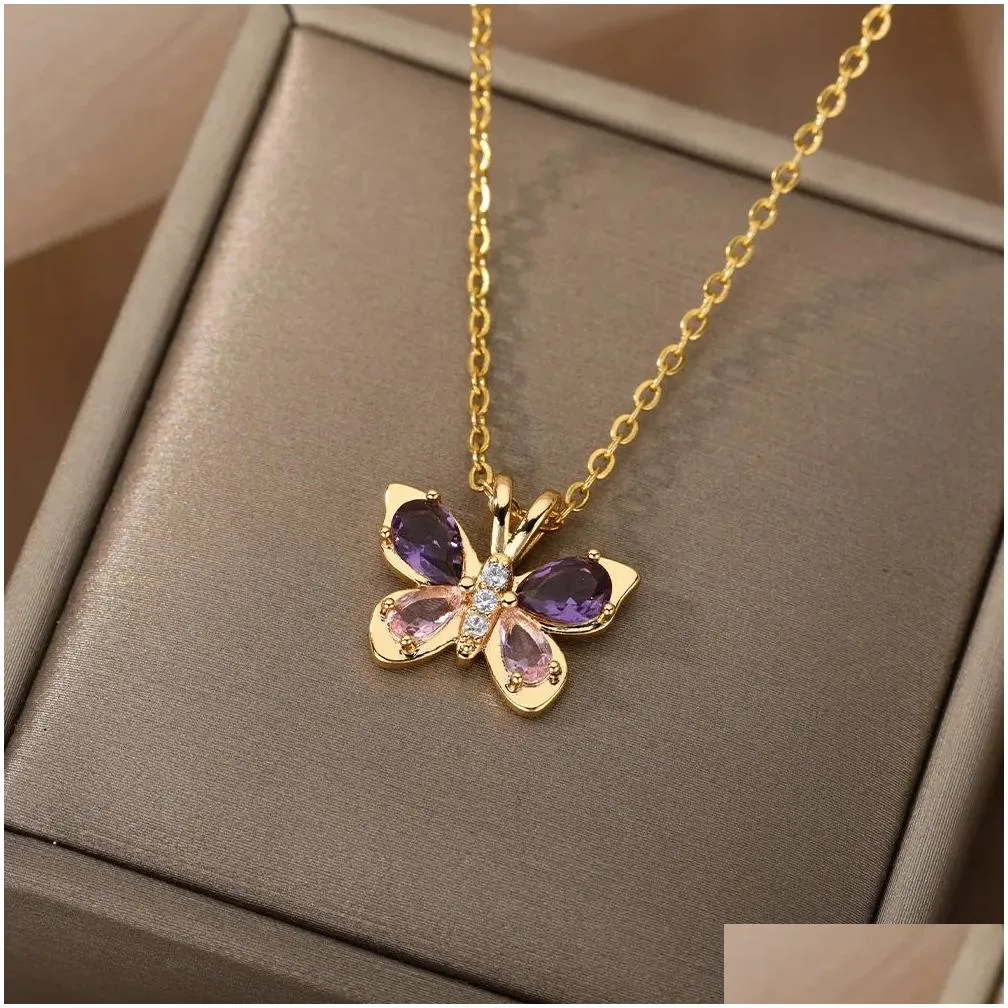 Cute Butterfly Necklace For Women Crystal Purple Butterfly Aesthetic 14k Yellow Gold Necklaces Charms Choker Party Jewelry Gift