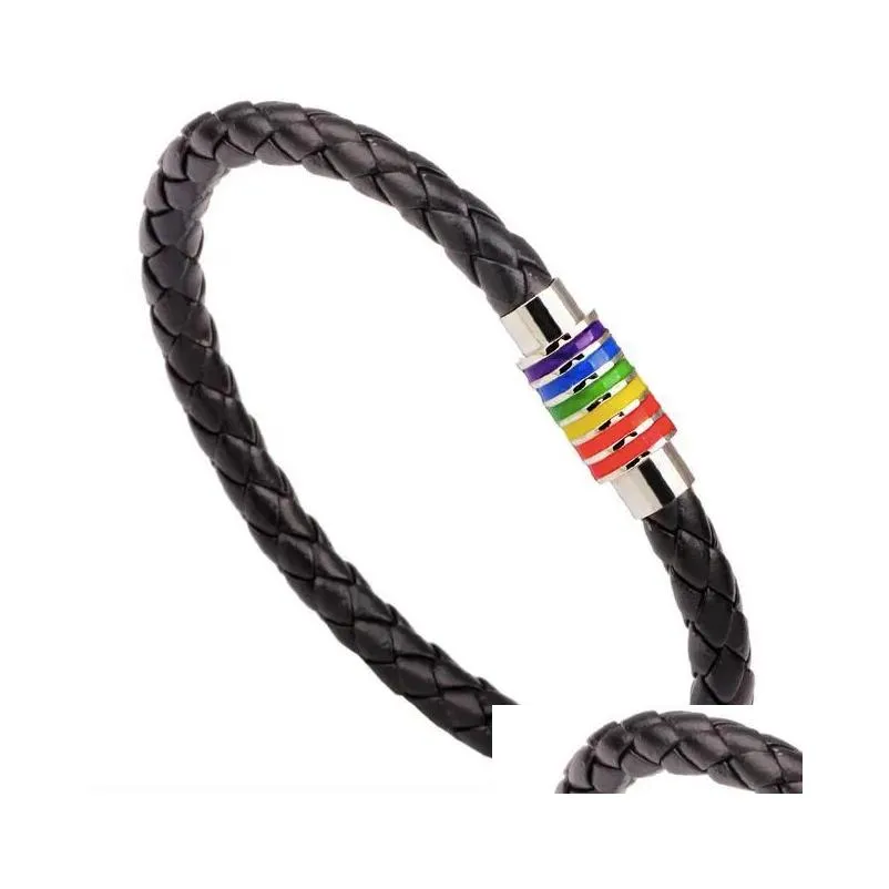 Charm Bracelets New Arrival Rainbow Woven Leather Stainless Steel Magnetic Buckle Bracelet Jewelry For Men Women Epacket Ship Drop De Dhs3T