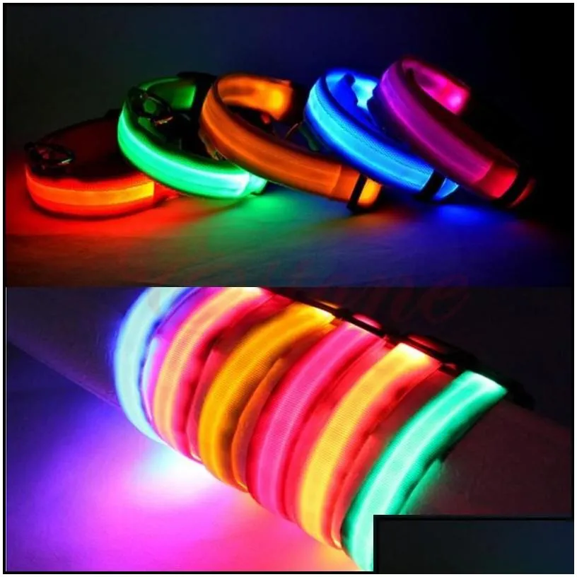 Dog Collars Leashes Nylon Led Pet Collar Night Safety Flashing Glow In The Dark Leash Dogs Luminous Fluorescent Supplies Drop Deli