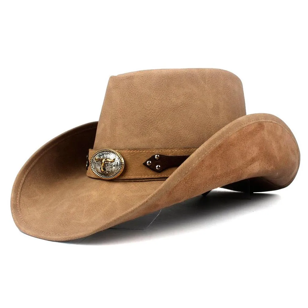 Wide Brim Hats Bucket 100% Leather Men Western  Hat Gentleman Dad Fedora Church Sombrero Hombre Jazz Cap Big Size Xxl Drop Deli Dhqfi