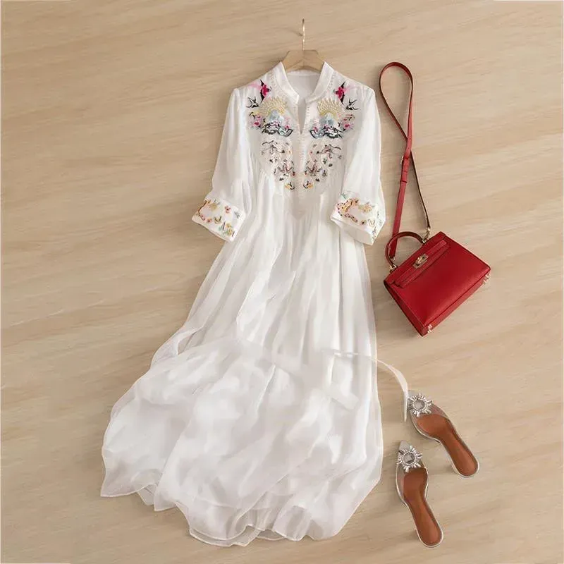 Chinese Style Embroidery Chiffon Dress National Art Chic Women 2023 Summer White Loose Casual Ethereal Pleated Long Dresses