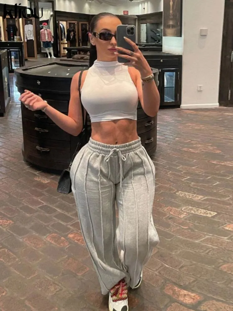 Women`s Pants s Kliou Pleated Loose Pant Casual Active High Waist Stretchy Lace Up Sporty Straight Trousers Female Activewear Bottoms