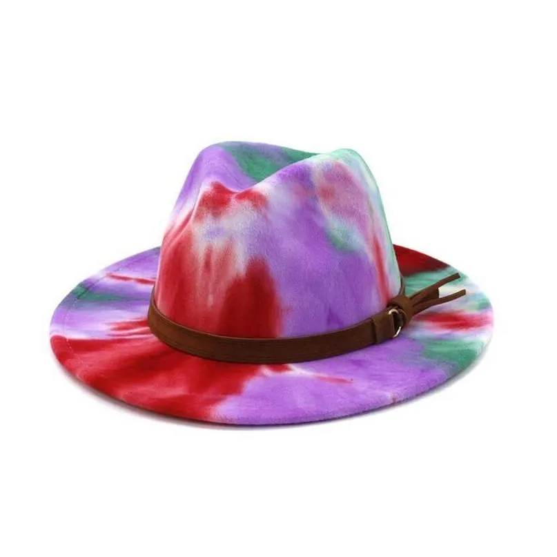 Stingy Brim Hats Tie Dye Jazz Cap Women Men Wide Formal Man Panama Hat Woman Felt Fedora Caps Mens Trilby Lovers Fashion Accessories 5 Dhw48