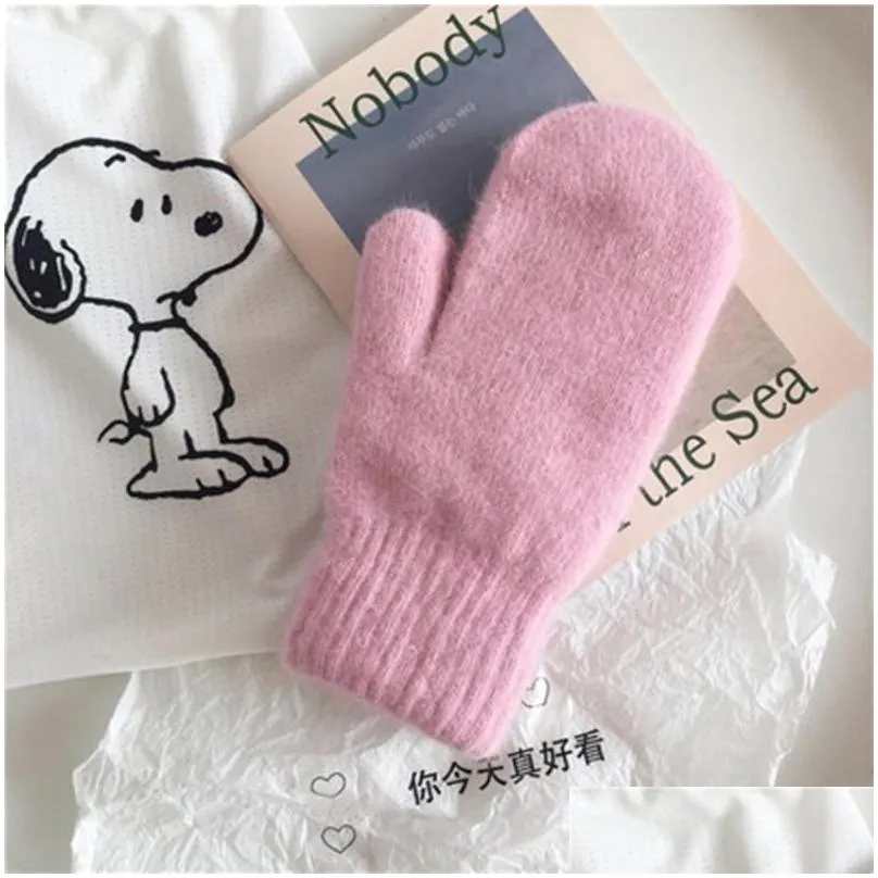 Hats Scarves Sets Five Fingers Gloves Women Winter Keep Warm Plus Cashmere Solid Elasticity Soft Fl Mittens Imitation Fur Knitted Dro Dhqf4