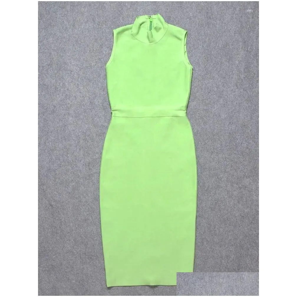 Casual Dresses HQBORY Vintage Green Tank Bandage Dress 2024 For Women Office Lady Classic Red Bodycon Tight Slim Split Midi Vestidos