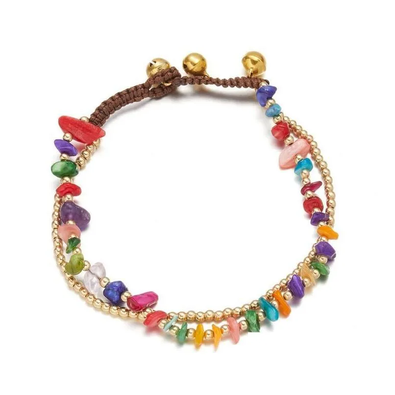 Anklets Natural Gravel Stone Anklet Double-Layer Retro Bell Hand Woven Beaded Foot Chain 6 Colors Drop Delivery Jewelry Dhrlw
