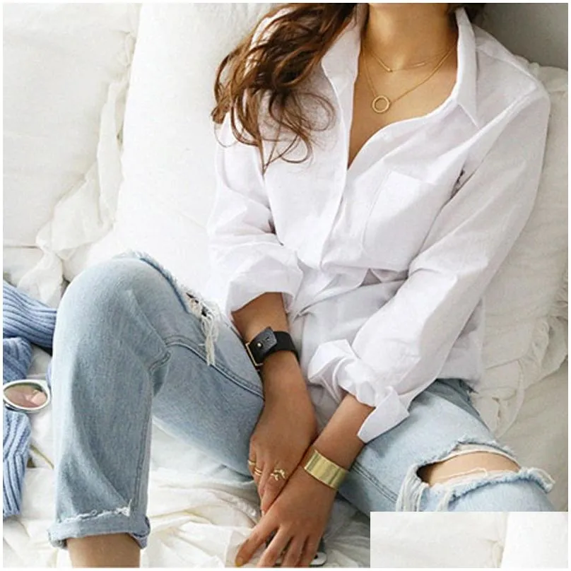 Women`S Blouses & Shirts Women And Feminine Blouse Top Long Sleeve Casual White Turn-Down Collar Ol Style Loose 3496 50 220725 Drop D Dhnuq