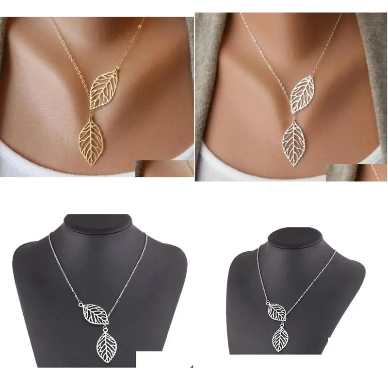 Pendant Necklaces Simple European Vintage Punk Gold Hollow Two Leaf Leaves Necklace Clavicle Chain Charm Jewelry Drop Delivery Pendant Dhf8G