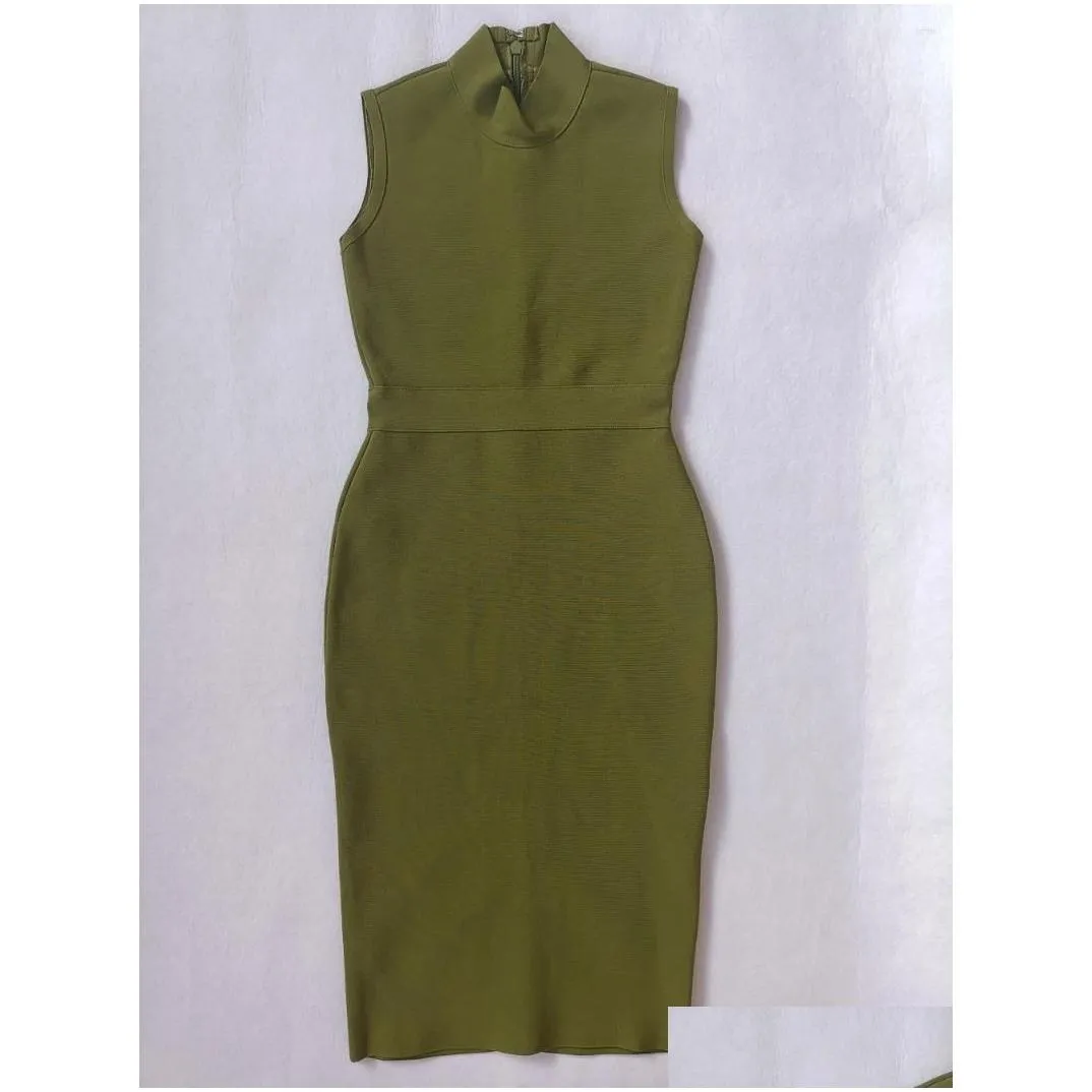Casual Dresses HQBORY Vintage Green Tank Bandage Dress 2024 For Women Office Lady Classic Red Bodycon Tight Slim Split Midi Vestidos