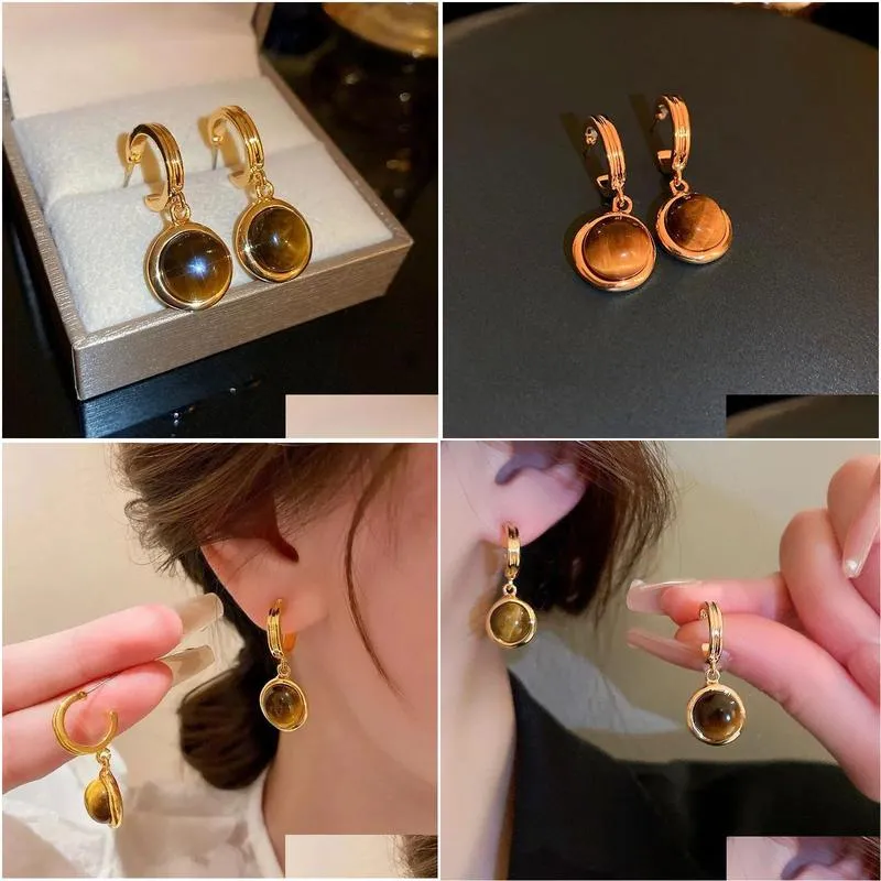 2024 New Fashion Trend Unique Design Elegant Delicate Vintage Amber Round 14k Yellow Gold Earrings Women Jewelry Party Premium Gifts