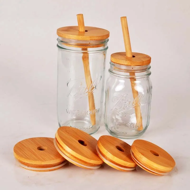 Factory Bamboo Cup Lid 70mm 65mm Reusable Wooden Mason Jar Lids with Straw Hole and Silicone Straw Valve DHL Free Delivery