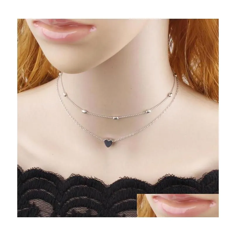 Chokers Two Layer Fashion Necklace Bead Choker Chains With O Chain Through Heart Sier Gold Color Plated Women Gift Drop Delivery Jewel Dhbav