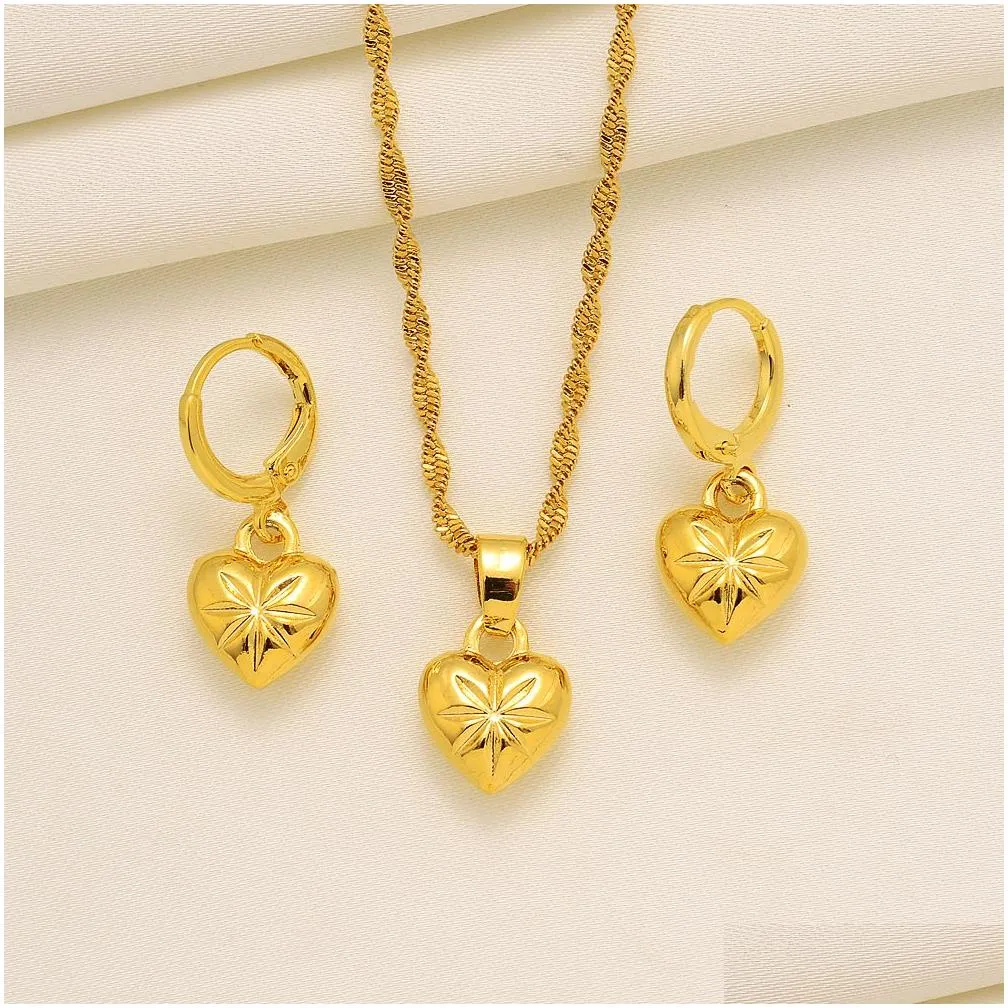 14k Yellow Solid Fine Gold dubai india heart African Set Necklace pendant Earrings Ethiopia wedding bridl jewelry sets