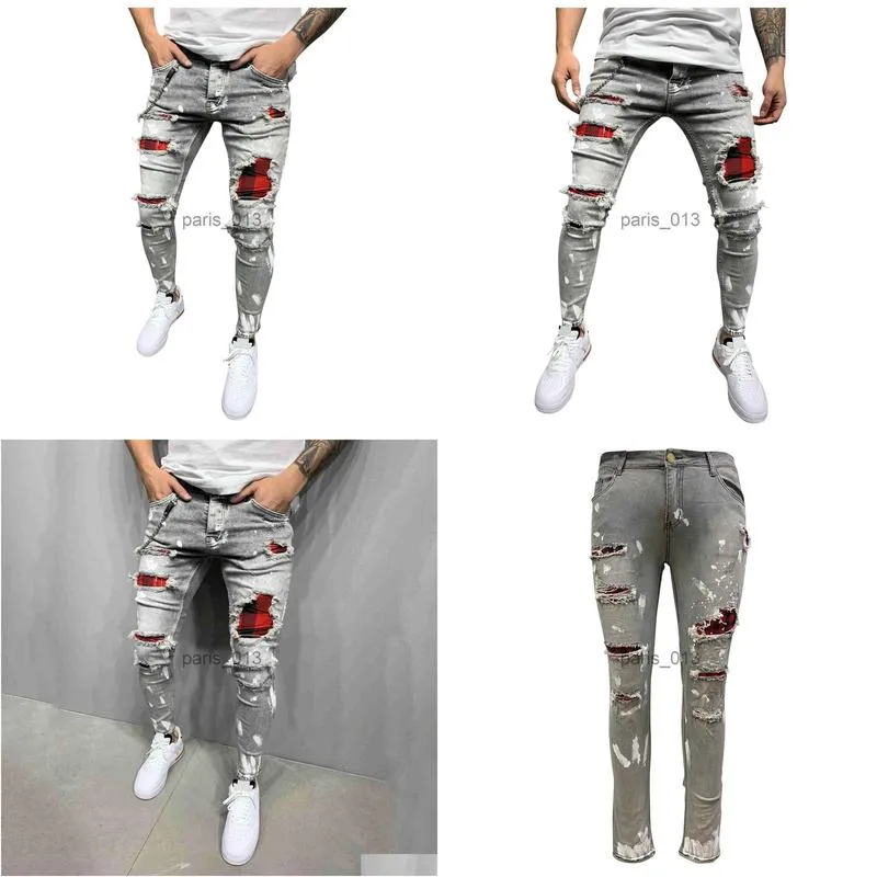 Men`S Jeans Mens New Denim Straight Pocket Stitching Plaid Trousers Died Pants Men Casual Loose Undefined P3 210318 Drop Delivery App Dho1T