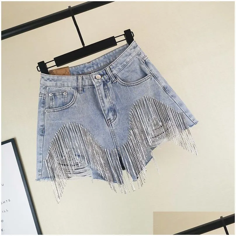 Women`S Shorts Denim Women Clothing Fashion Summer Ripped Jeans Short Femme High Waist Diamond Tassel Y2K Casual Bot For Ladies 22042 Dhe2C