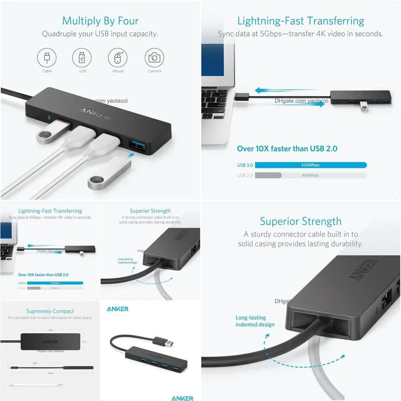 hubs anker usb hub 3 0 4port ultra slim data hub for macbook air  pro tablet imac laptop notebook pc usb flash drives