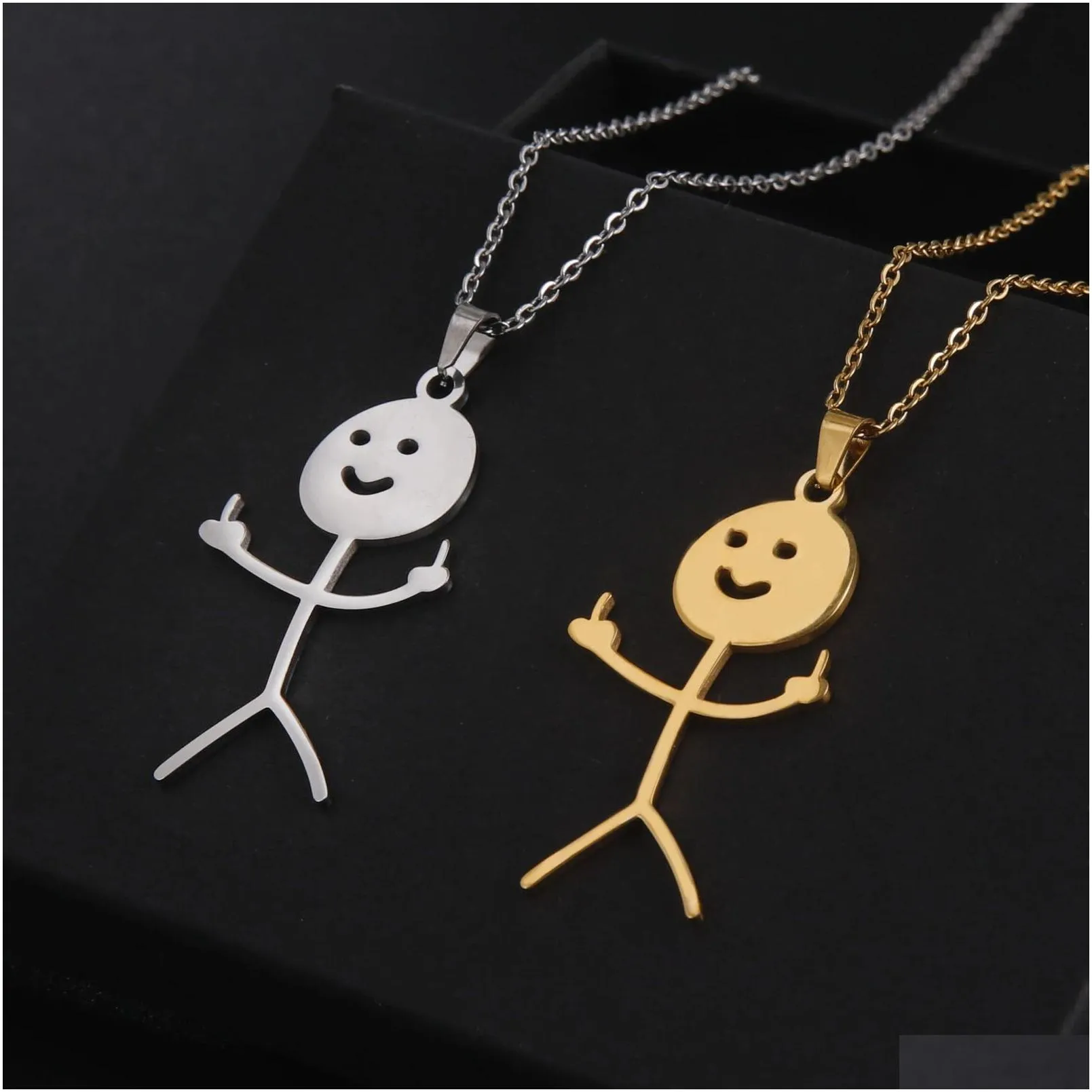 Middle Finger Stickman Pendant 14K Gold Necklaces Hip Hop Rock Punk Fxck You Funny Doodle Necklace Jewelry