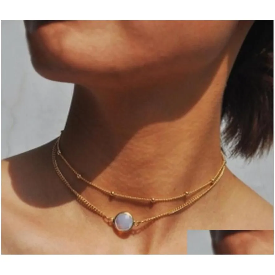 Chokers Natural Crystal Pendant Choker Necklace Mti-Layer Bead Boho Alloy Gold Short Chain Necklaces Women Jewelry Gift Wholesale Drop Dhvbg