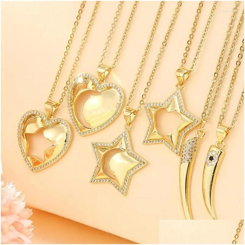 Pendant Necklaces Trendy Stainless Steel Chain Copper Gilded Heart Five-pointed Star Moon Necklace For Women CZ Jewelry Gift