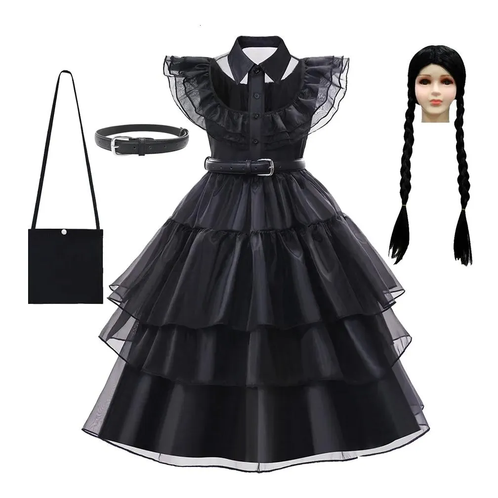 Dresses Girl`s Dresses For Girl Cosplay Dress Costumes Black Gothic Wednesday Addams Dresses Children Clothes Halloween Party 230531