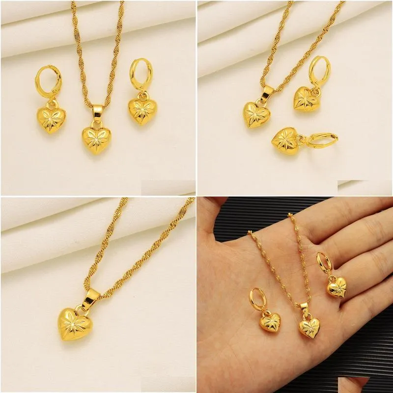 14k Yellow Solid Fine Gold dubai india heart African Set Necklace pendant Earrings Ethiopia wedding bridl jewelry sets