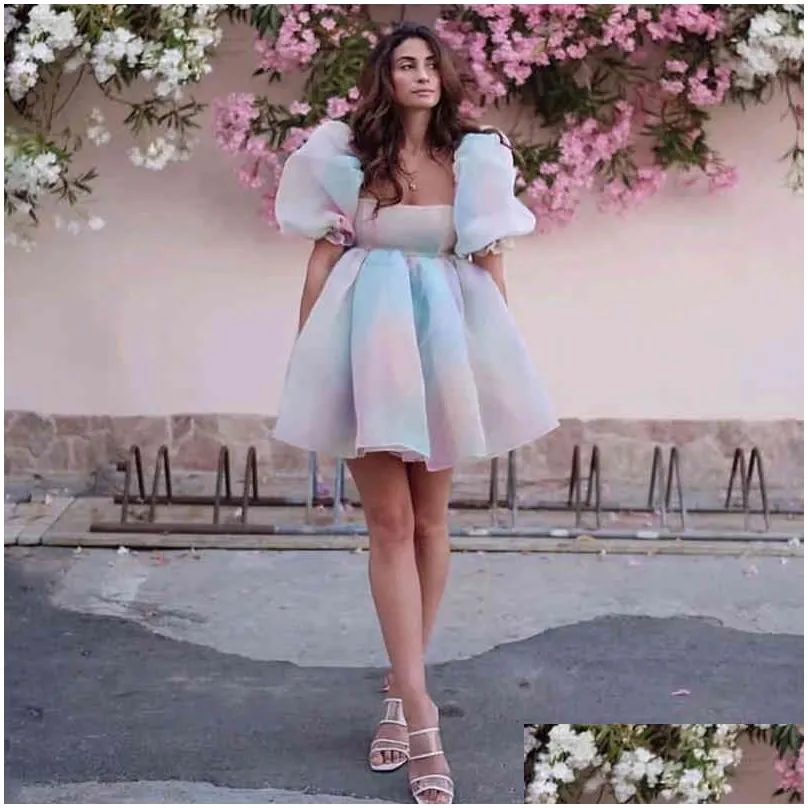 Women`S Sweaters Tie-Dyed Rainbow Organza Dress A-Line Puff Sleeve Cute Summer For Women Skater Short Party Holiday 210427 Drop Deliv Dhmhs
