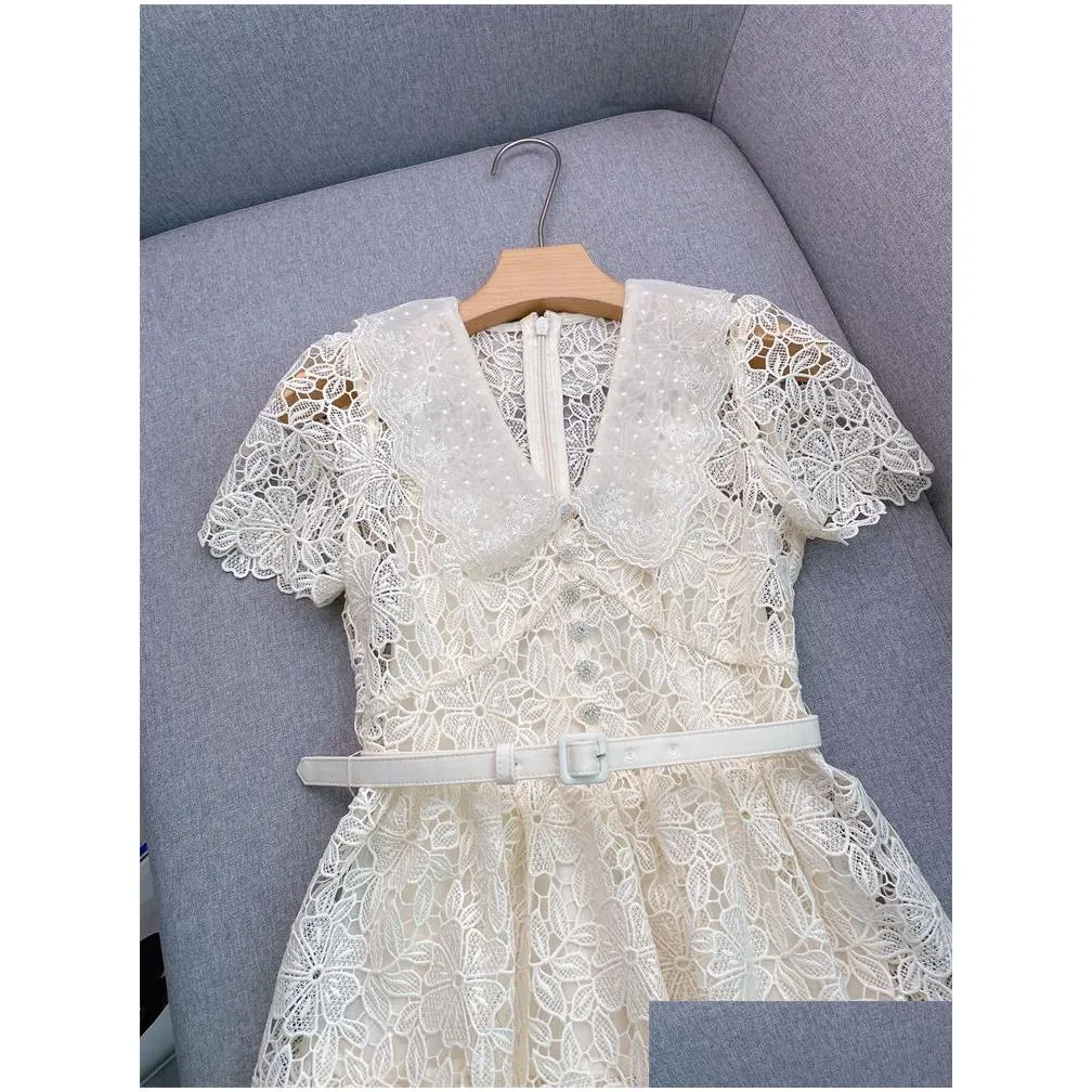 Spring Summer Ivory Floral Lace Beaded Belted Dress Short Sleeve Peter Pan Neck Rhinestone Buttons Short Casual Dresses J4A12B132