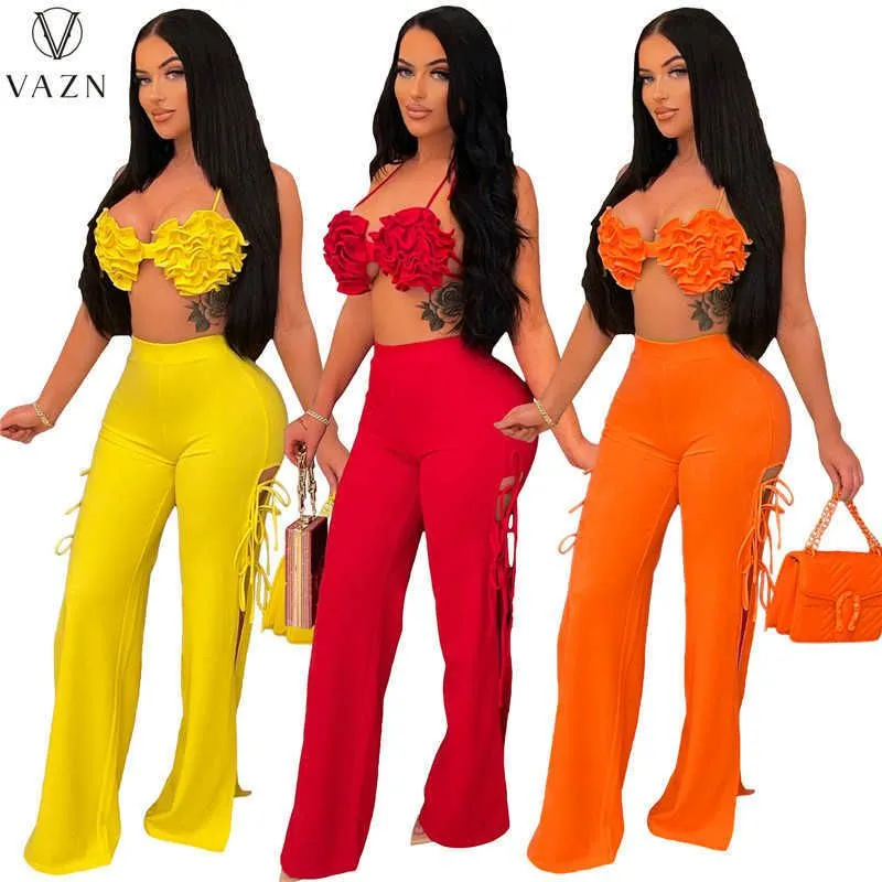 Two Piece Dress 2022 Sexy Club Party Style Women Suit Sleeveless Strapless Short Top Elastic Long Pants Pure Color Lady Two Piece Sets