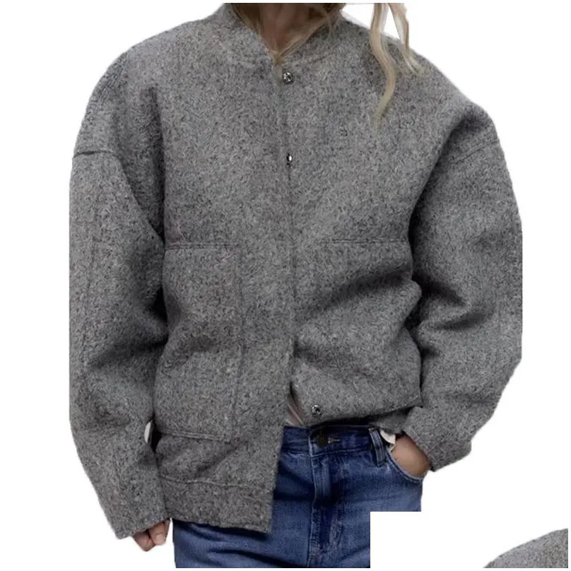 Women`S Jackets Women S Za Coat Bombers Grey Outwear With Button Solid Long Sleeve Top Casual Loose Winter Warm Woman Traf 221231 Drop Dhknq