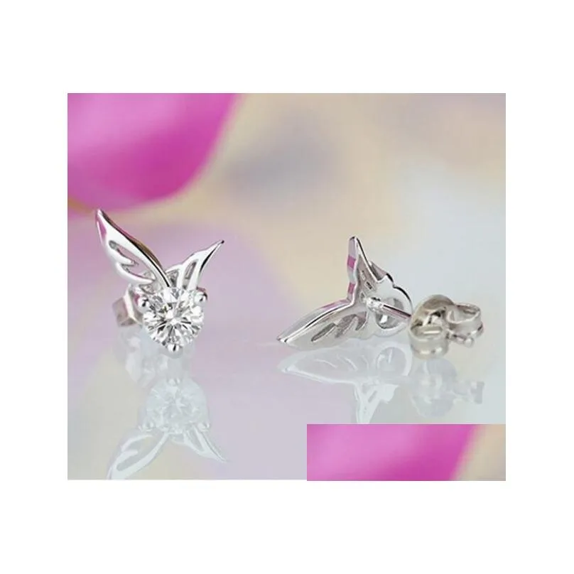 New Wome`s Silver Color Jewelry Angel Wings Crystal Ear Stud Earrings Shiny CZ Zircon Jewelry Brincos femme G533