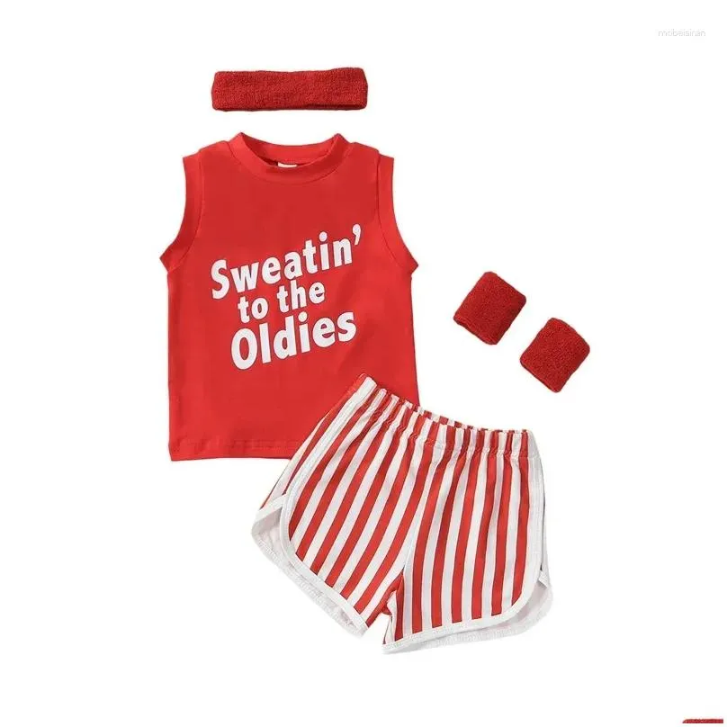 Clothing Sets Infant Toddler Baby Girl Clothes Set Letter Sleeveless Tank Tops Vest Stripe Shorts Headband Waistband Outfits