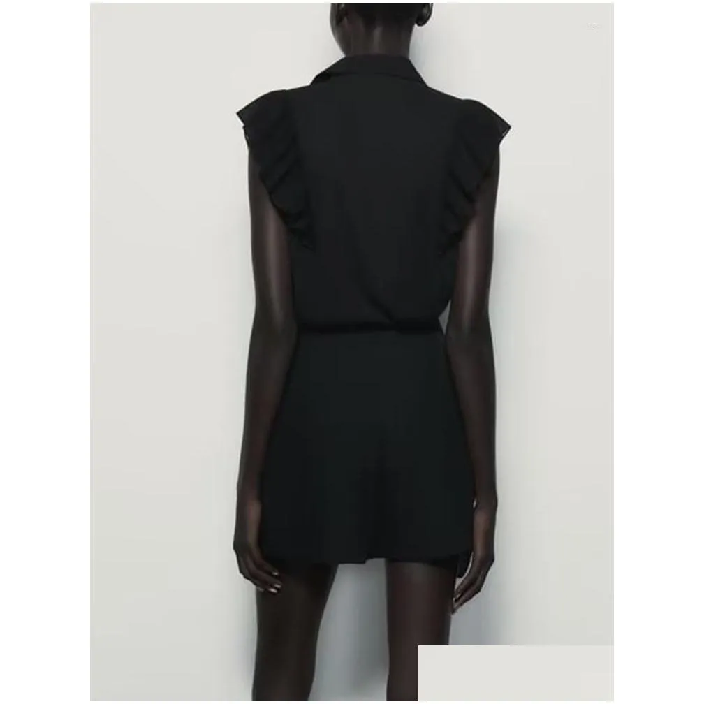 Women`s Blouses 2023 Black Shirt Ruffles Translucent Woman Sleeveless Lapel Tops For Women Summer Shirts And