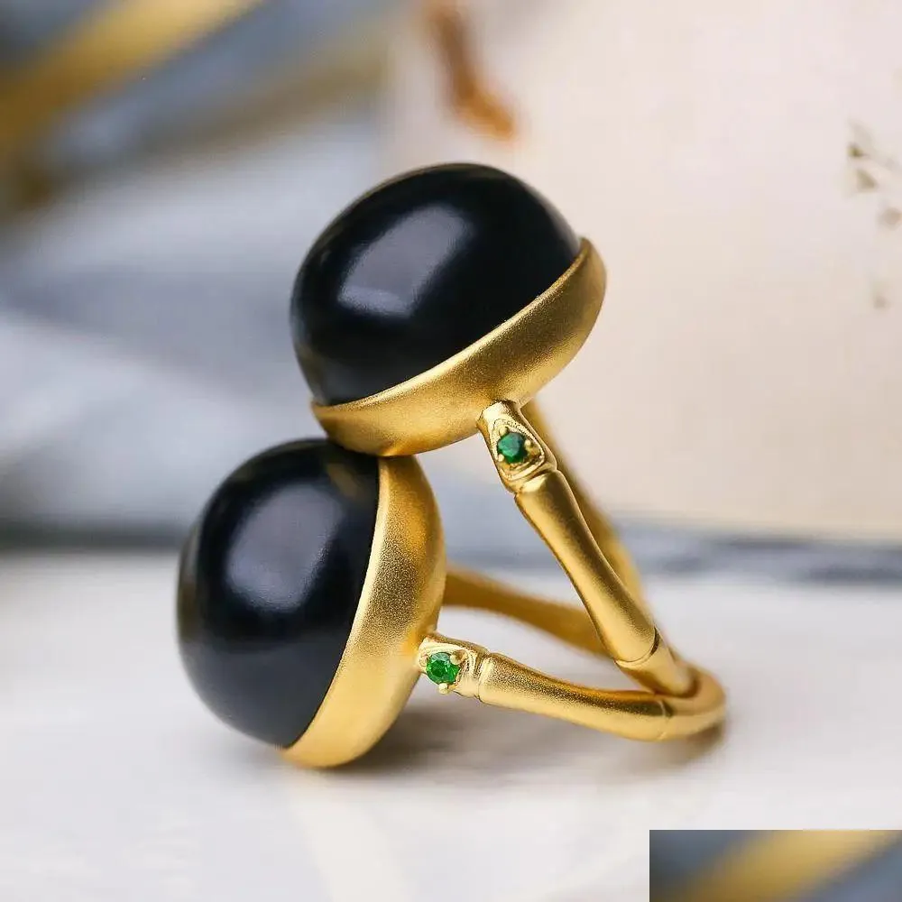 Natural Hetian black jade round bead opening adjustable 14k Yellow Gold ring Chinese retro elegant bamboo charm womens jewelry