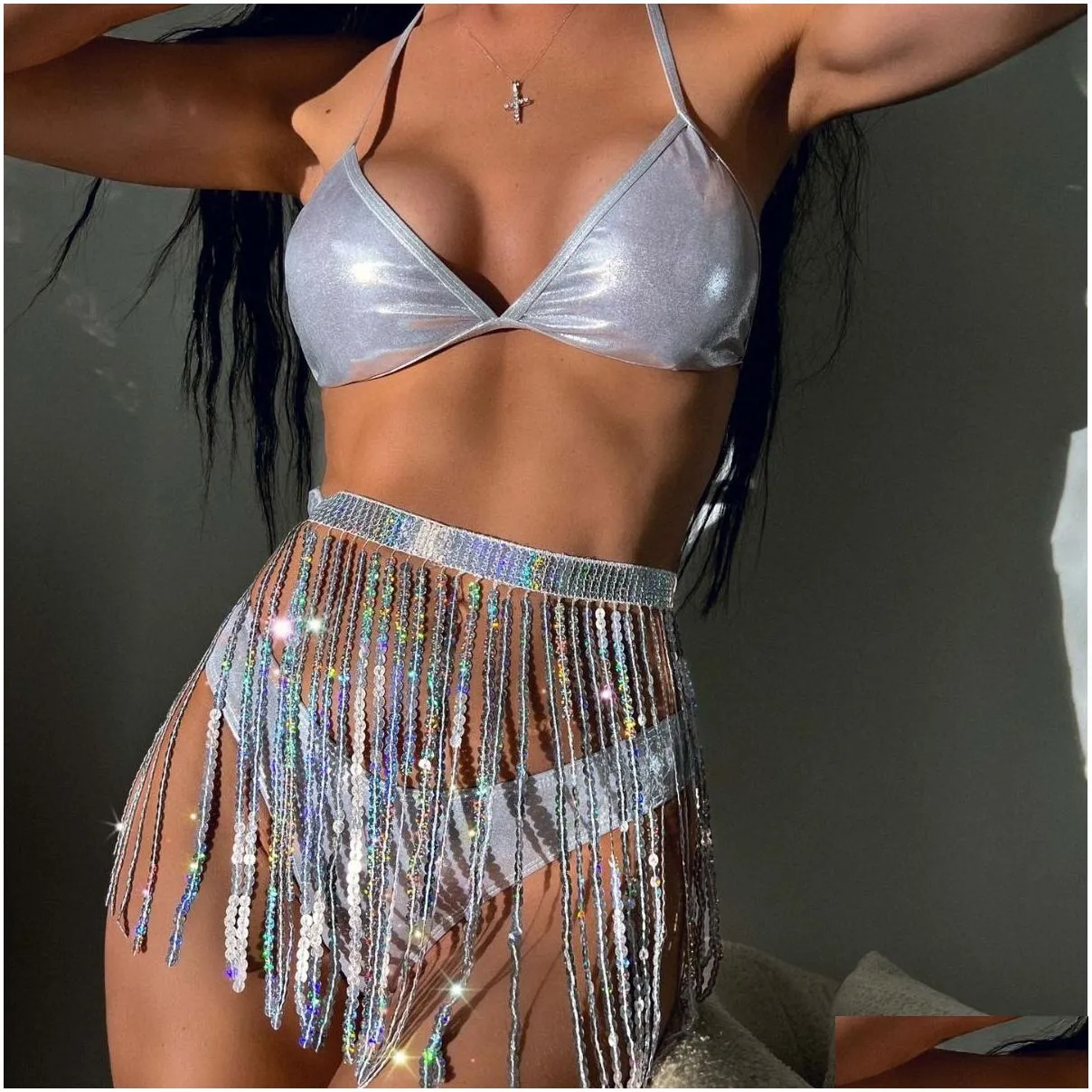 European and American bikini glitter tassel skirt party costume split swimsuit three-point bikini laser costume