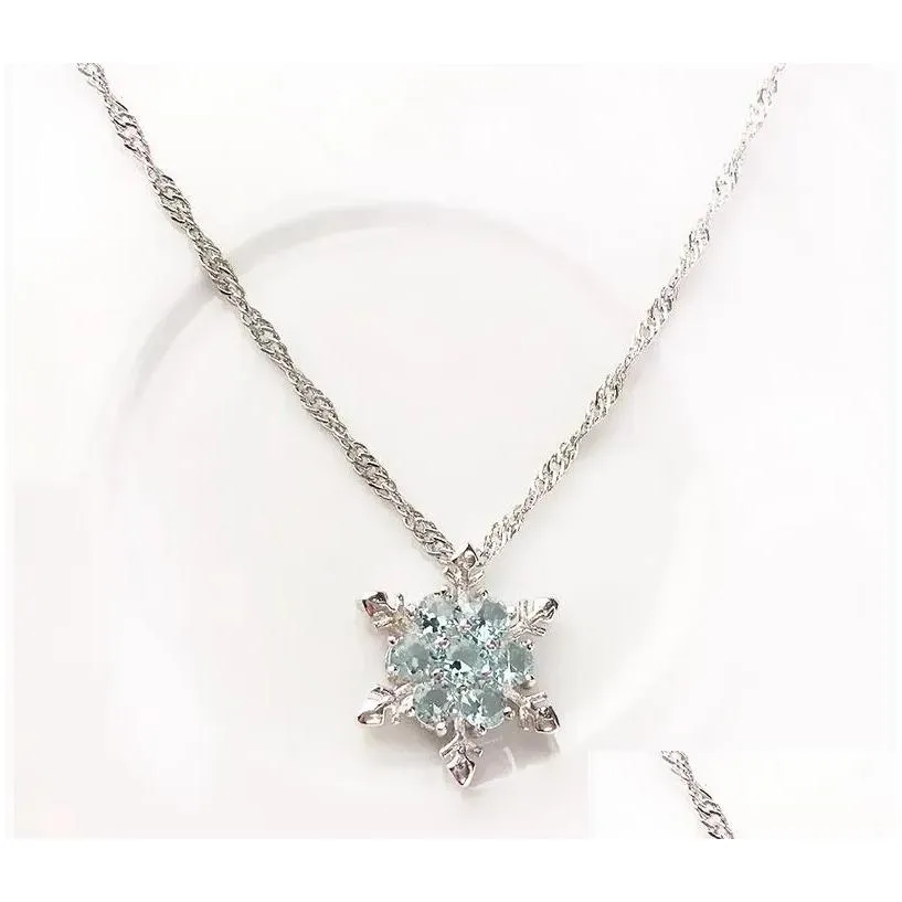 Pendant Necklaces New Arrival Blue Crystal Snowflake Frozen Flower 925 Sier Necklace Pendants With Chain Best Gift For Girl Ship Drop Dh7Pk