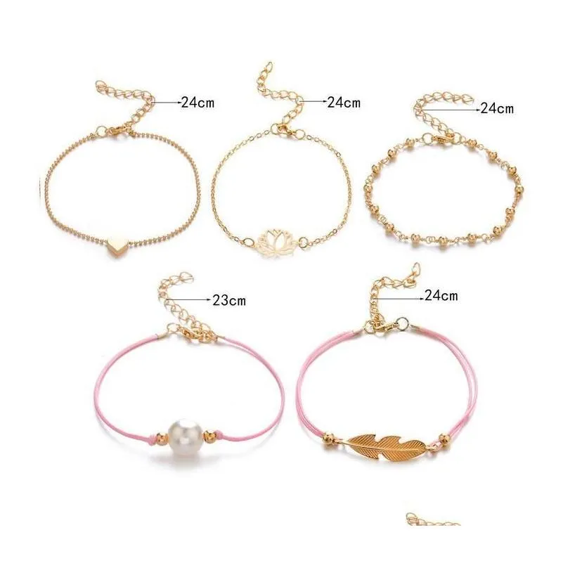 Charm Bracelets Bohemian 5Pcs/Set Leaves Heart Love Lotus Pearl Bracelet Chain Woven Mtilayer Set Women Fashion Gold Jewelry Wholesal Dhjcg